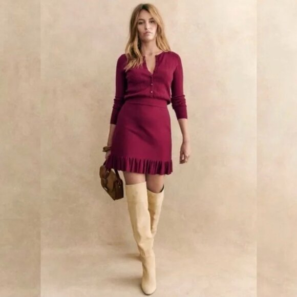 Sezane Diana Burgundy Knit Dress with Ruffle Hem - Picture 1 of 10